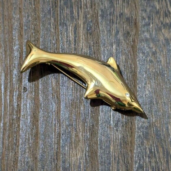 Vintage Gold Dolphin Brooch Pin With Rhinestone Eye fish water ocean 3" - Picture 3 of 6